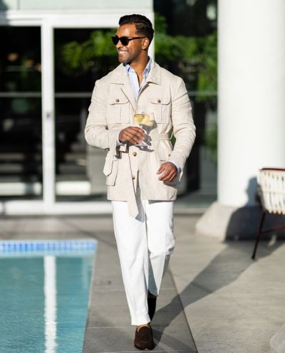 Beige Field Jacket with Loafers Party Outfit